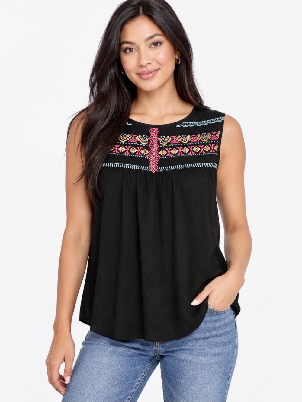 ADRIANNA PAPELL Boho Embroidered
Sleeveless Blouse | Black XL